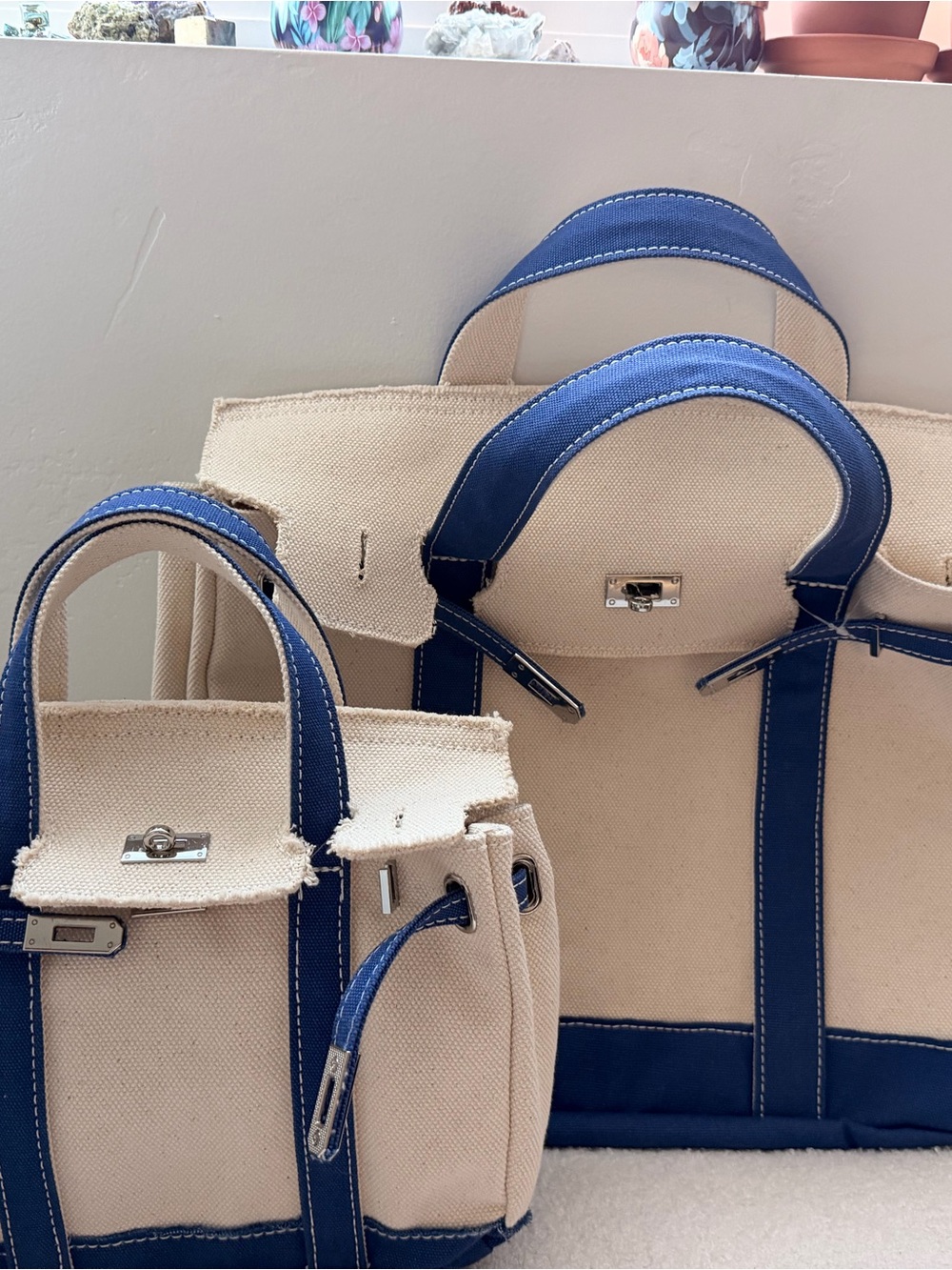 Boatkin Style Large & Mini Canvas Boat Tote Bag Navy Blue with Silver Hardware - Picture 2 of 8